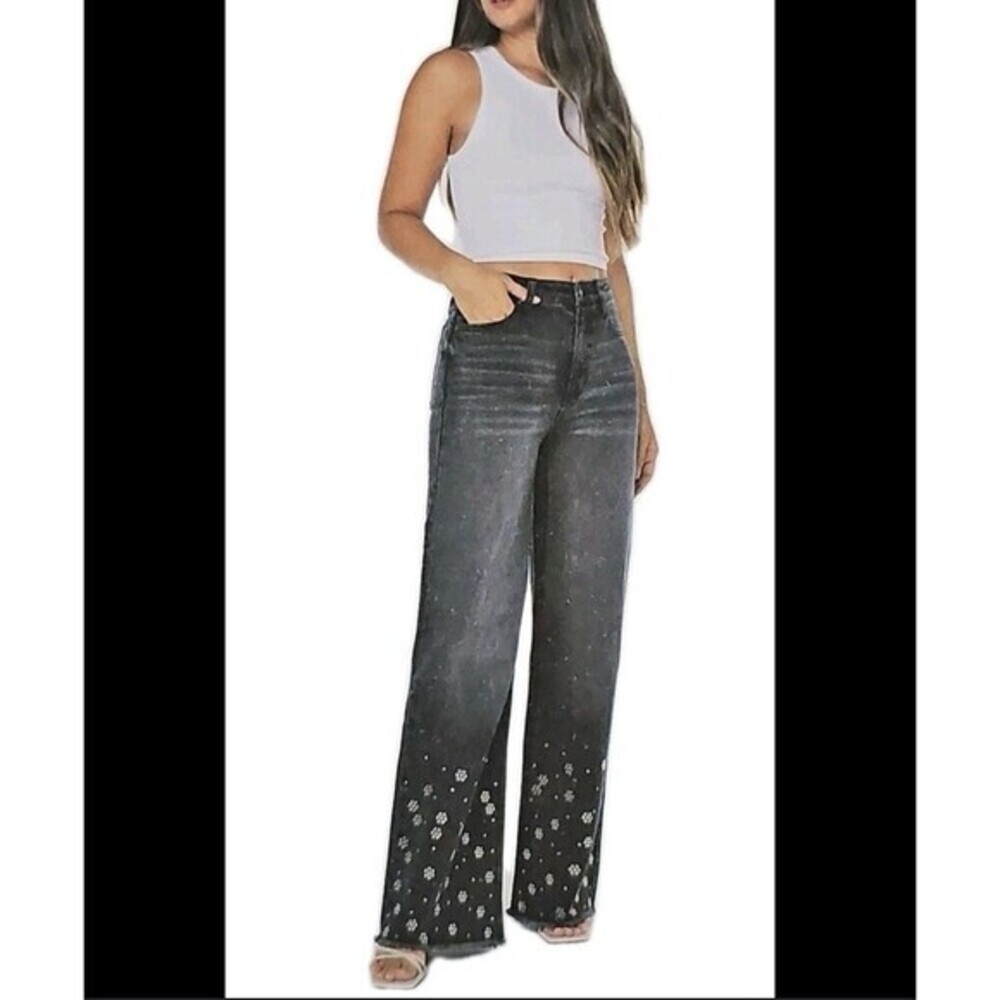 BCBGeneration Ultra High Rise Wide-Leg Gray Studded Denim Jeans 5-Pocket